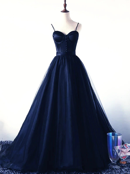 Charmante robe de soirée longue en tulle bleu marine et bretelles en satin, robe de bal bleu marine nv609