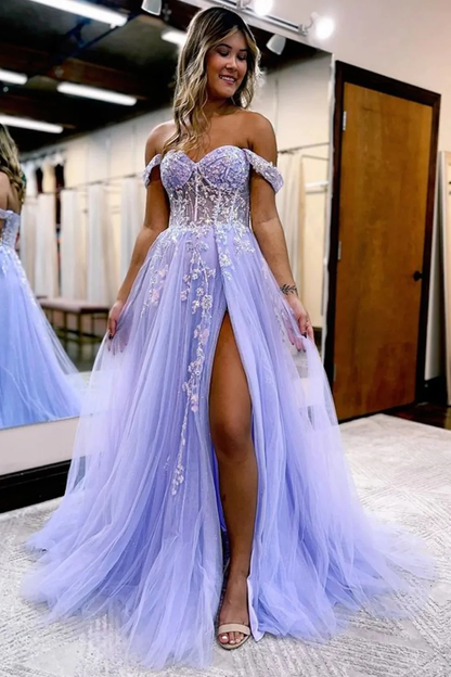 Funkelndes lila Pailletten-Korsett-A-Linien-Ballkleid mit Schlitz nv668