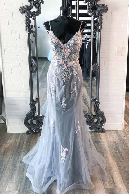 Robe de bal sirène grise élégante avec broderie nv866