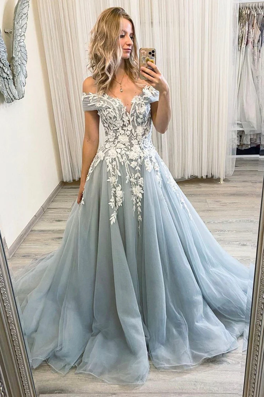 Off Shoulder Lace Gray Tulle Long Prom Dress, Grey Lace Formal Dress, Grey Evening Dress  nv710