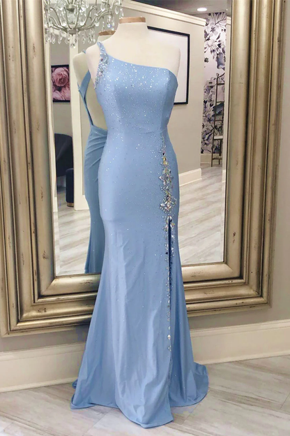 Hellblaues Ballkleid im Meerjungfrauen-Stil mit einer Schulter und Perlen nv855