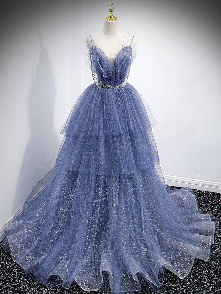 Robe de bal longue en tulle à paillettes et col en V, robe de soirée en tulle bleu nv865