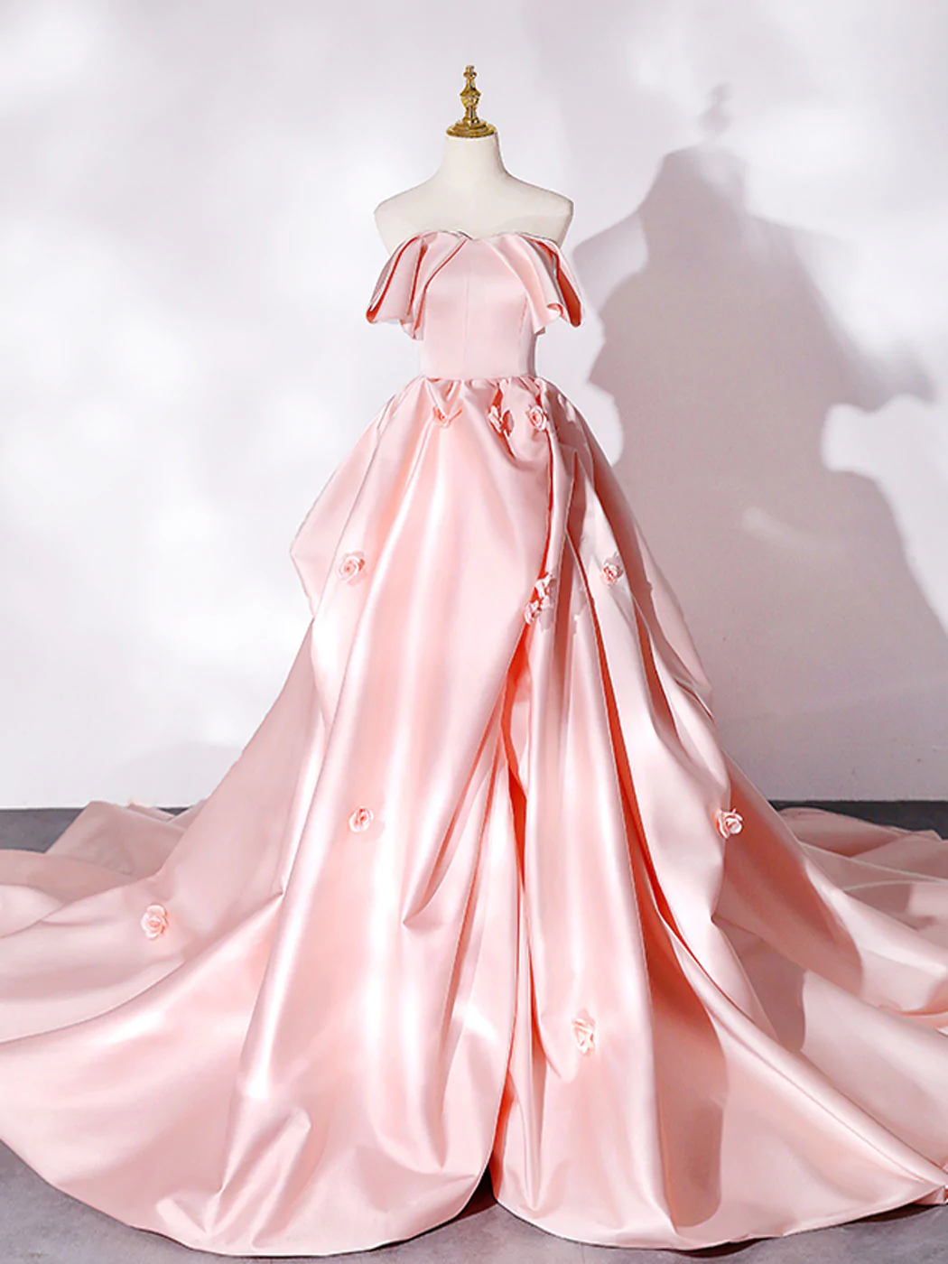 Robe de bal longue en satin rose à traîne longue, robes de soirée formelles roses nv601