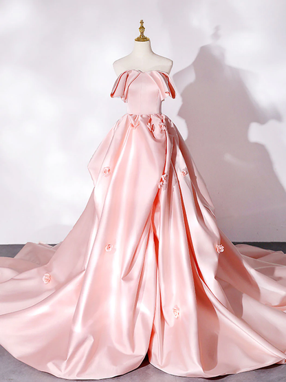 Robe de bal longue en satin rose à traîne longue, robes de soirée formelles roses nv601