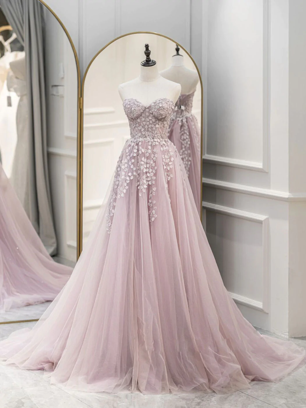 A-Linie Herzausschnitt Tüll Spitze Rosa Langes Ballkleid, Rosa Abendkleider nv603