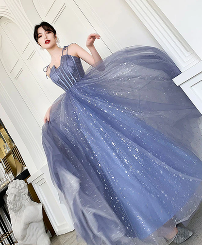 Robe de bal longue en tulle bleu, robe de soirée en tulle bleu nv598