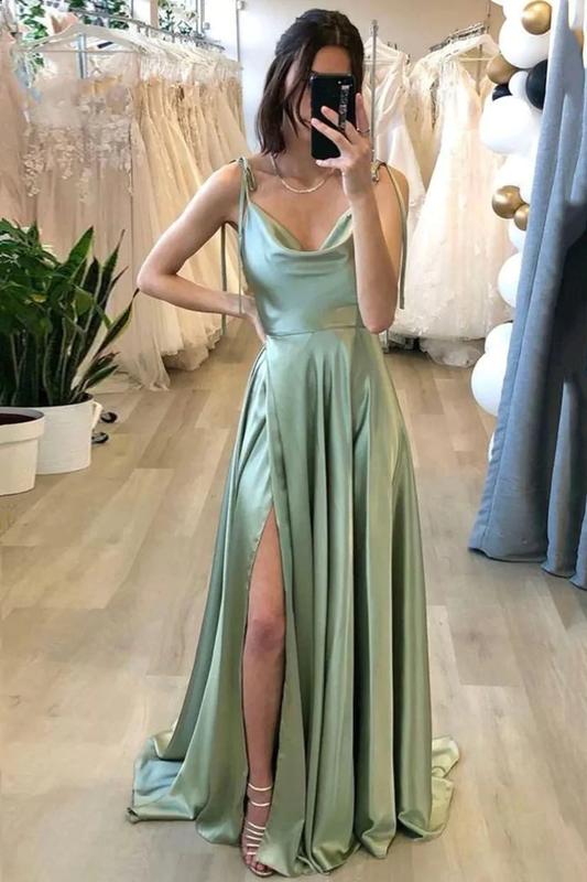 A-Linie Spaghettiträger Hellgrün Langes Ballkleid mit Schlick nv695