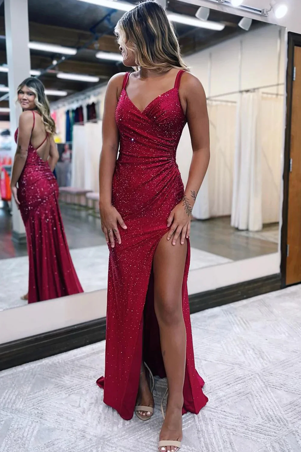 Sparkly Dark Red One Shoulder Sheath Long Prom Dress with Slitnv663
