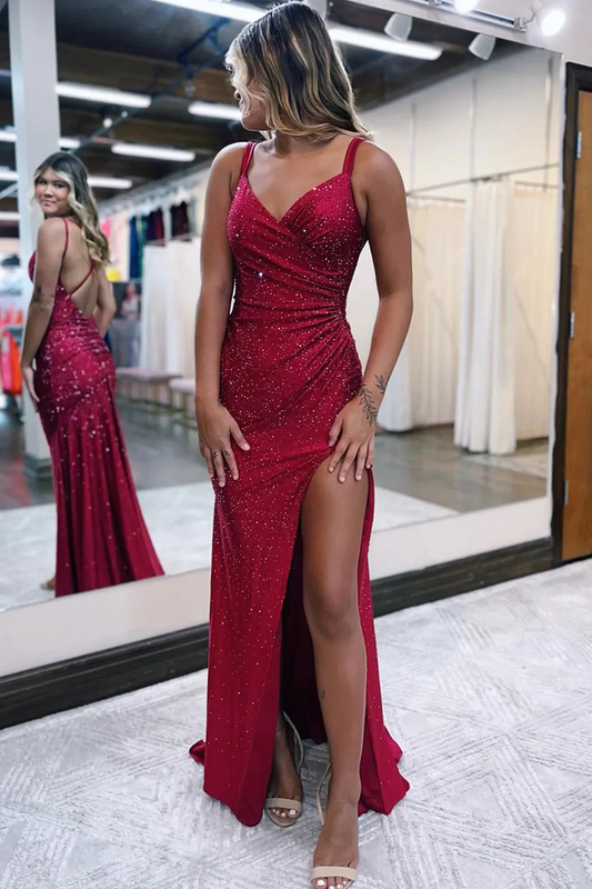 Sparkly Dark Red One Shoulder Sheath Long Prom Dress with Slitnv663