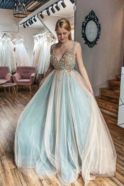 Einzigartiges langes Ballkleid aus Tüllspitze mit V-Ausschnitt, formelles Tüllkleid NV863