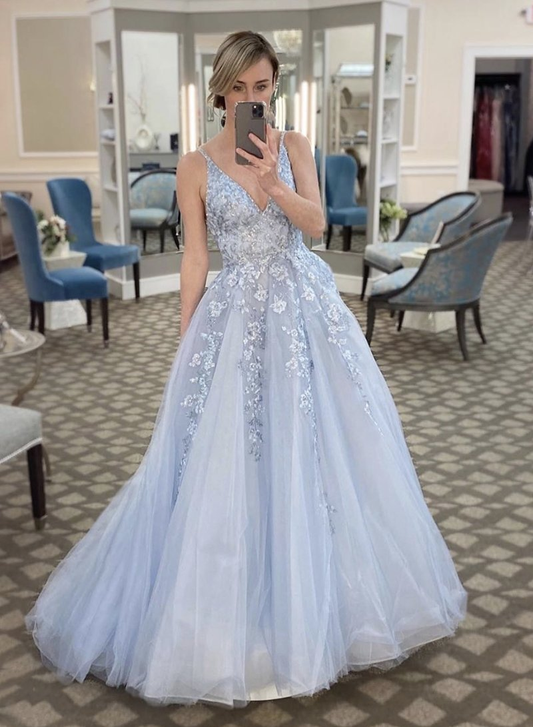 New Arrival Long Tulle Dress Lace V Neck Pageant Dress Evening Gown nv706