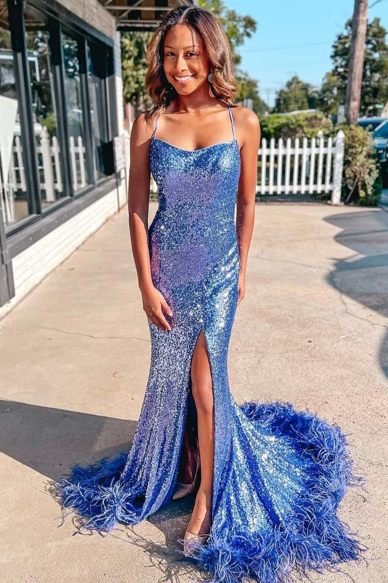 Robe de bal longue sirène à paillettes bleues et à lacets dans le dos avec fente nv578