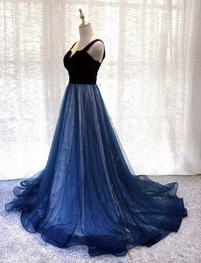 Langes Ballkleid aus blauem Samttüll, formelles Kleid NV607