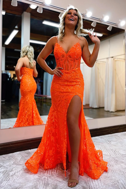 Orangefarbenes Meerjungfrau-Ballkleid mit Spaghettiträgern nv632