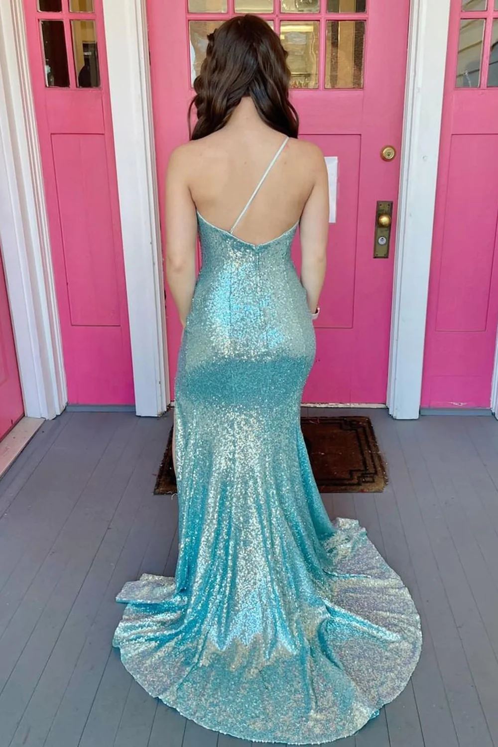 Robe de soirée sirène à une épaule et paillettes, longue fente, bleu, mode, slim, nv694