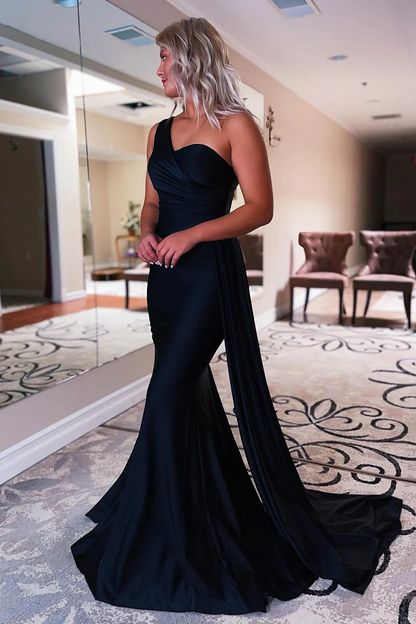 Schwarzes Meerjungfrau-Ballkleid mit einer Schulter nv691