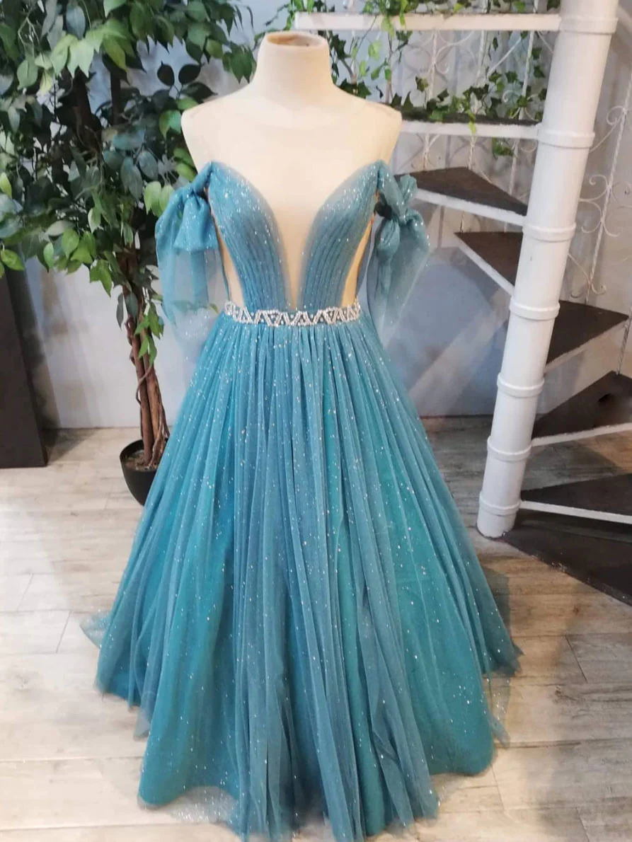 Grünes langes Ballkleid mit Rundhalsausschnitt und Pailletten aus Tüll, grünes Abendkleid nv832