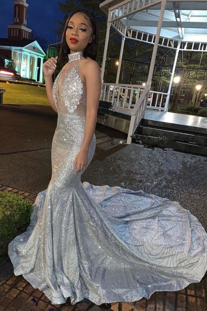 Robe de bal longue sirène à paillettes bleues et dos nu avec perles en cristal nv845