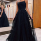 Robe de bal longue noire en tulle avec dentelle nv658