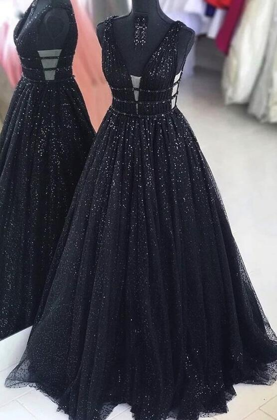 A-Linie Schwarzes Tüll Pailletten Ballkleid nv621