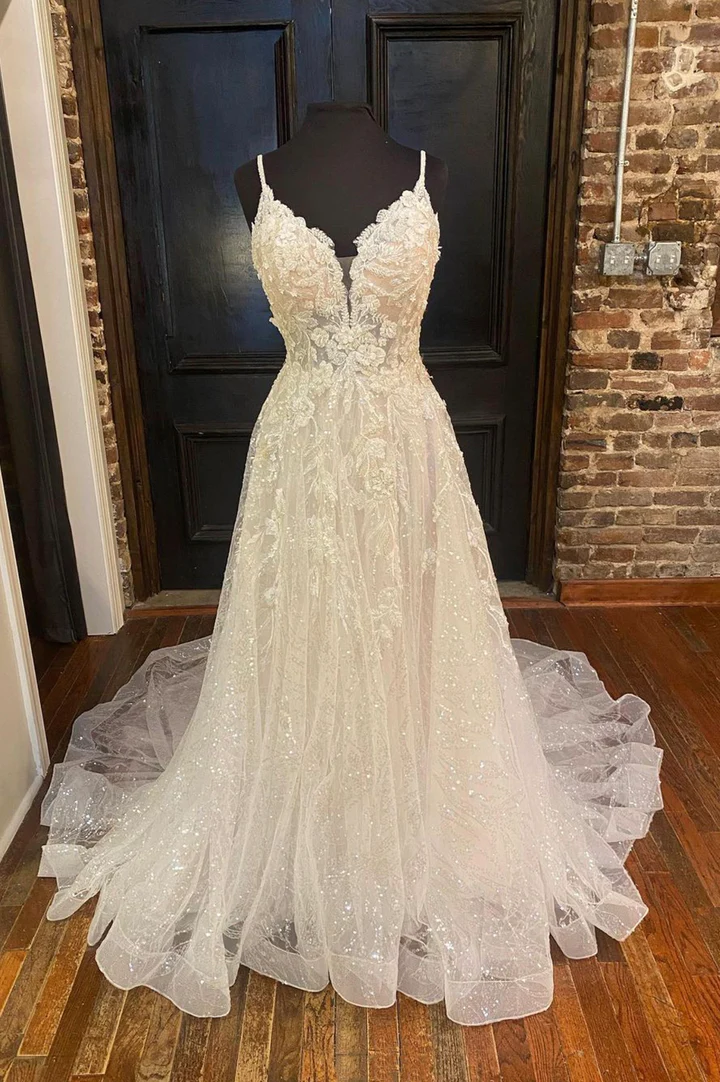 Weißes langes Ballkleid aus Tüll mit Pailletten, rückenfreies Abendkleid in A-Linie nv867