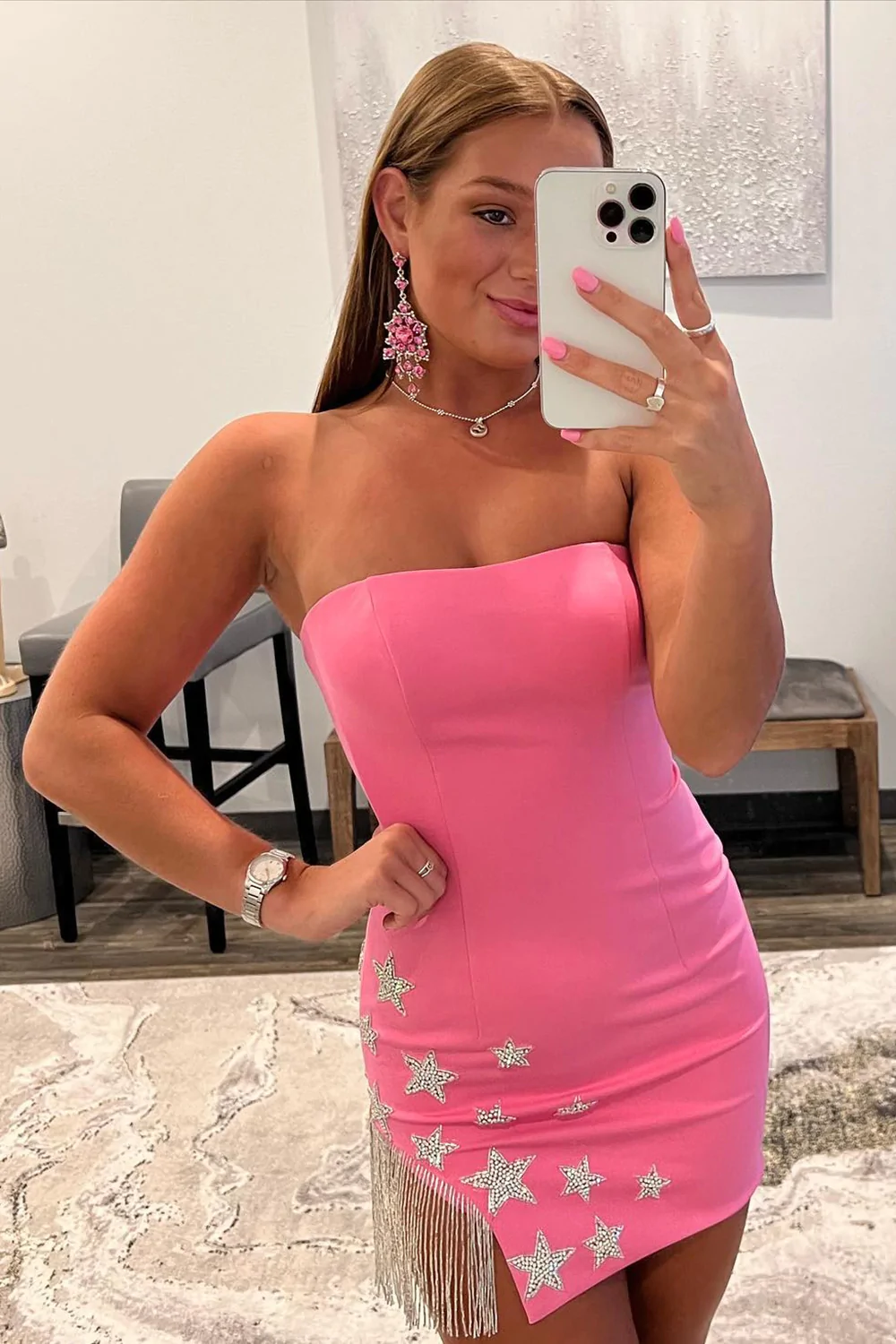 Rosa enges Homecoming-Kleid mit Stern und Fransen nv636