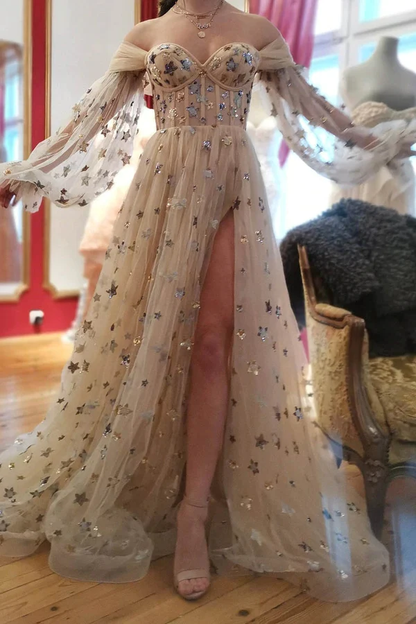 Prinzessin Tüll Sternenhimmel Ballkleid, funkelnde schulterfreies langes Partykleid mit Sternen nv858
