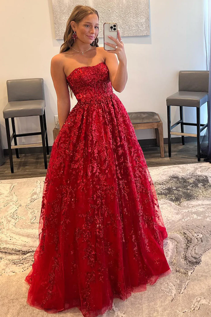 Funkelndes, rotes, langes Ballkleid mit Taschen nv638