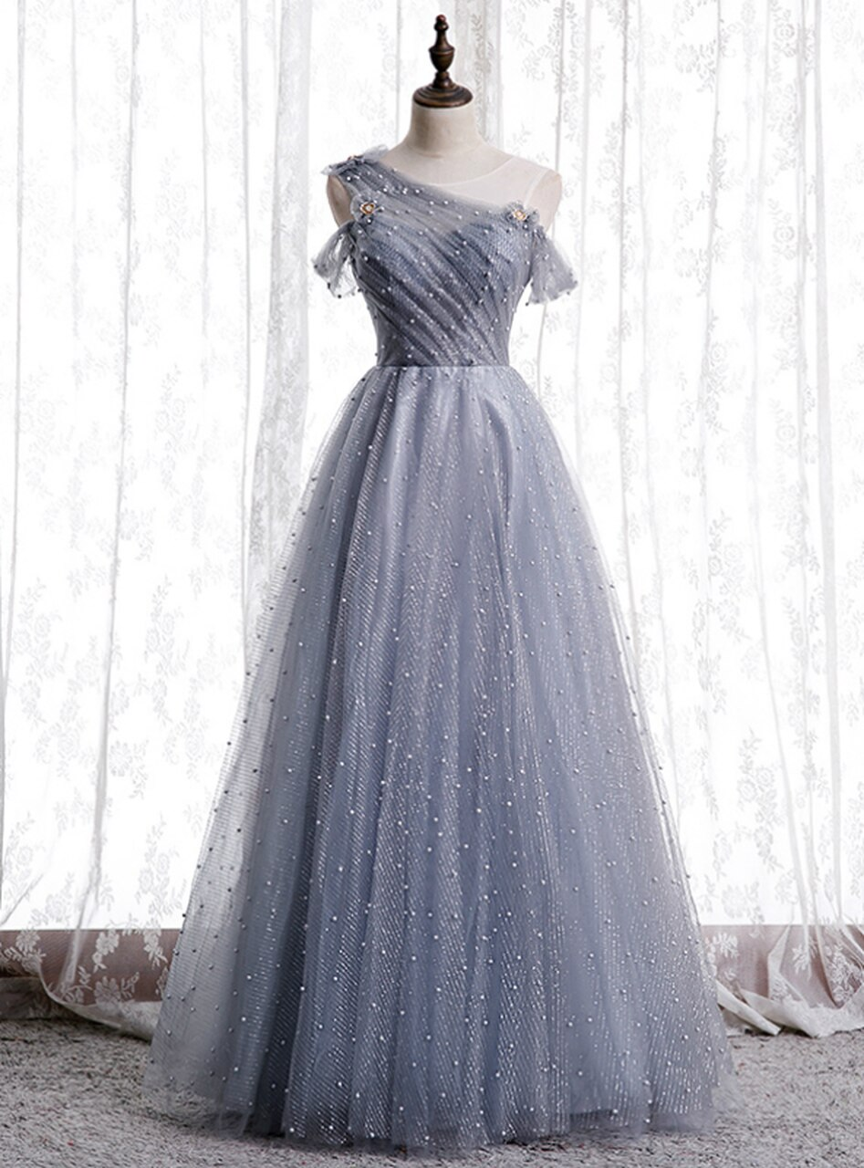 Robe de bal de fin d'année grise en tulle à paillettes et perles nv597