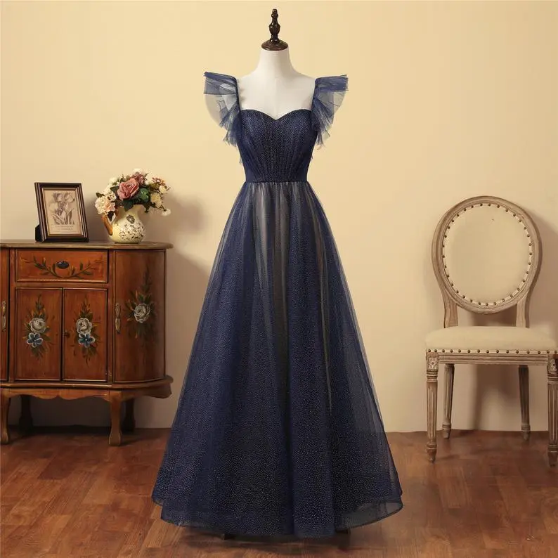Robe de bal trapèze en tulle scintillant bleu marine nv612