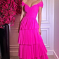 Robe de soirée longue rose vif à épaules dénudées nv623