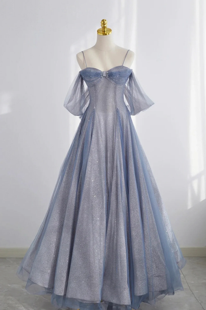 Blaues langes Ballkleid aus Tüll mit Spaghettiträgern, A-Linien-Abendkleid nv595