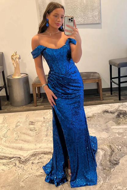 Blaues schulterfreies Meerjungfrau-Ballkleid mit Schlitz nv669
