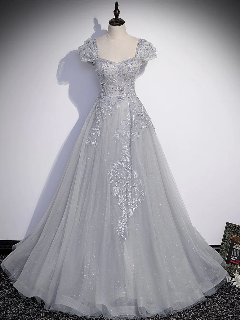 Robe de bal longue en tulle et dentelle grise, robe de soirée longue en tulle et dentelle grise nv596