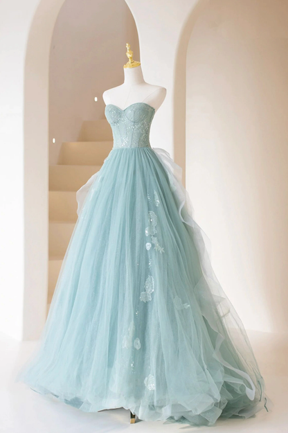 Süßes trägerloses langes Ballkleid aus Tüll, formelles Abendkleid aus Spitze in A-Linie nv604
