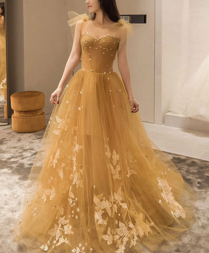 Robe de bal longue en tulle et dentelle champagne, robe de soirée en tulle et dentelle nv859