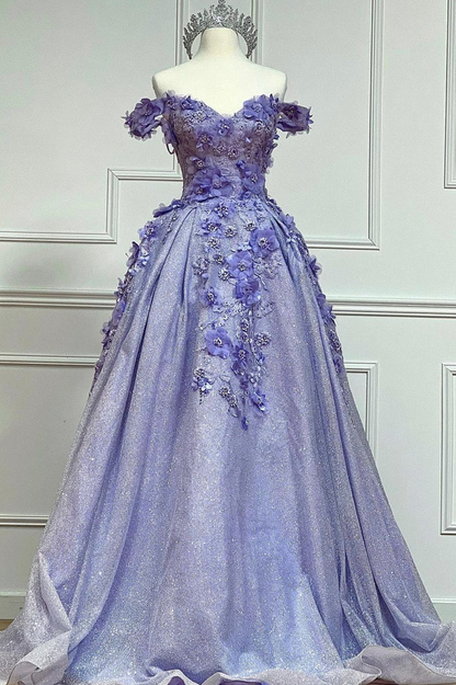 Robe de soirée longue en tulle violet et dentelle, robe de soirée à épaules dénudées nv614