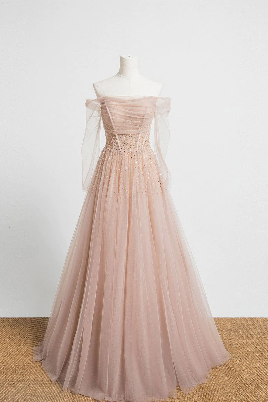 Robe de soirée longue en tulle champagne à paillettes Robe de soirée en tulle champagne nv862