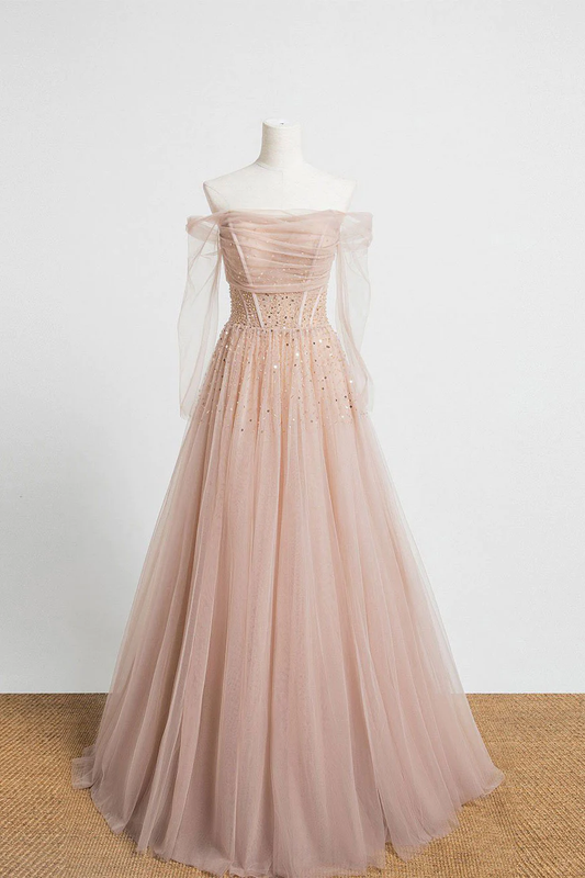 Champagne tulle sequin long prom dress champagne tulle formal dress nv862