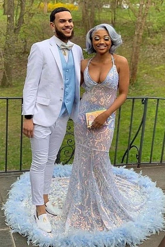 Gorgeous V-neck Spaghetti Straps Transparent Appliques Lace Floor-length Mermaid Prom Dresses nv838