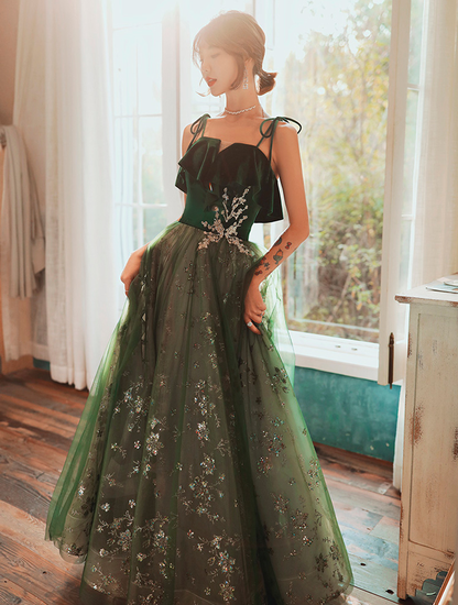 Grünes langes Abendkleid im Feentraum-Stil, Partykleid, Abschlussballkleid, nv586