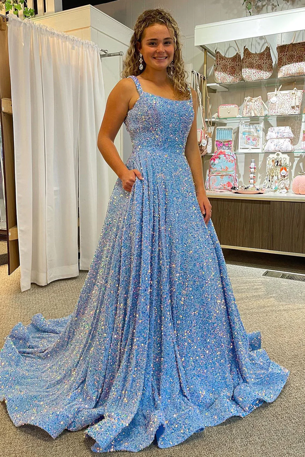 A-Linie, eckiger Ausschnitt, hellblaue Pailletten, langes Ballkleid, nv679