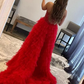 Rotes A-Linien-Ballkleid mit Perlenbesatz, Stufenschnitt, High Low, nv644