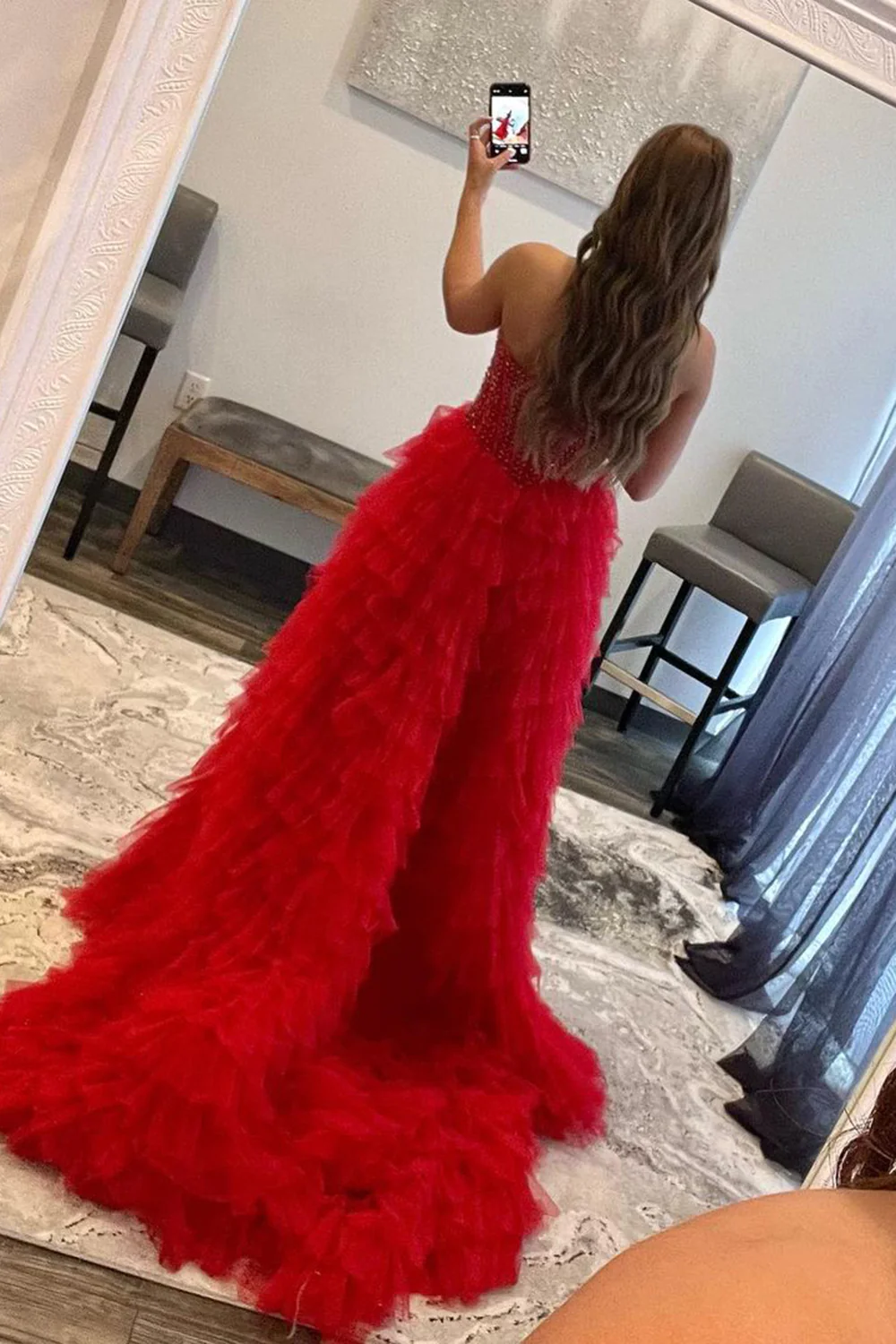 Rotes A-Linien-Ballkleid mit Perlenbesatz, Stufenschnitt, High Low, nv644