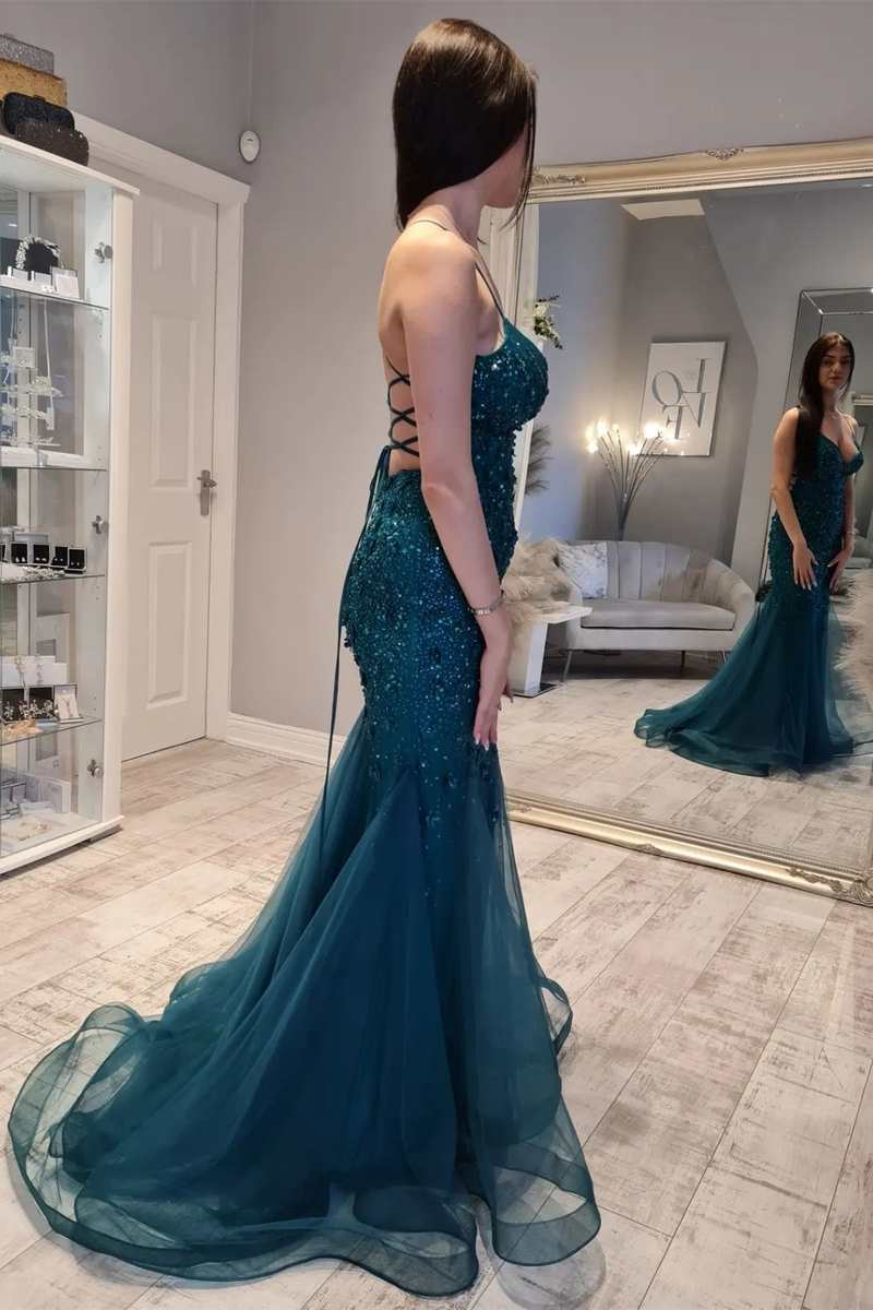 Hunter Green Floral Lace Lace-Up Back Mermaid Long Prom Gown nv856