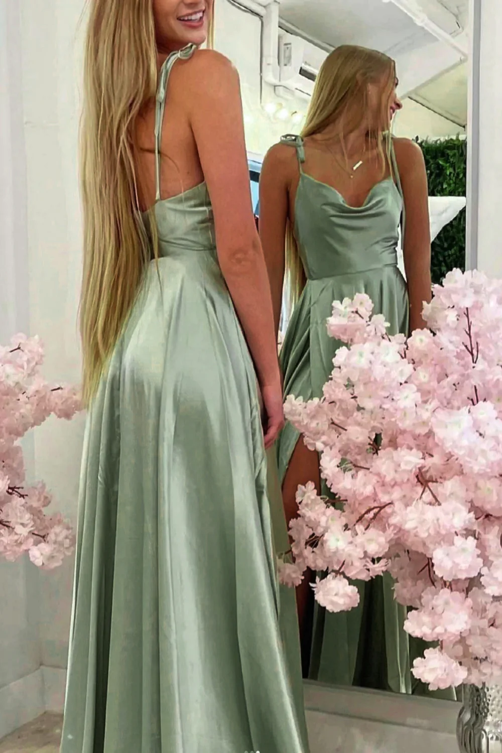 A-Linie Spaghettiträger Hellgrün Langes Ballkleid mit Schlick nv695