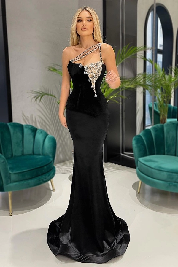 Schwarzes Meerjungfrau-Ballkleid lang mit Kristallen, eine Schulter, nv734