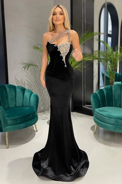 Schwarzes Meerjungfrau-Ballkleid lang mit Kristallen, eine Schulter, nv734