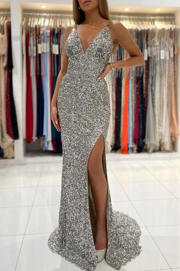 Robe de soirée longue à paillettes argentées et col en V sans manches nv746
