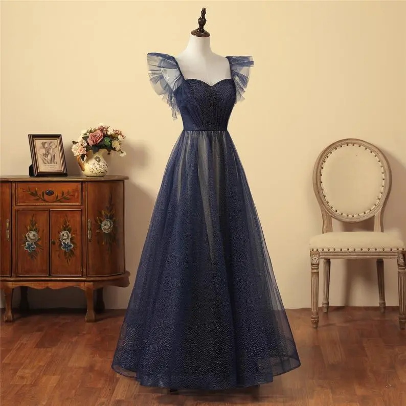 Robe de bal trapèze en tulle scintillant bleu marine nv612